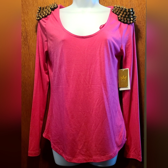 Nicki Minaj RARE pink long sleeve spiked shoulder pad top NWT - Picture 2 of 9